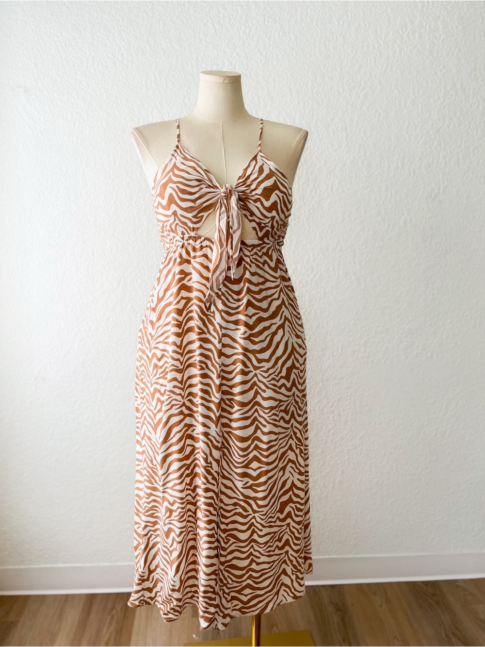 Zebra-Print Tie-Front Midi Dress in Tan and Cream